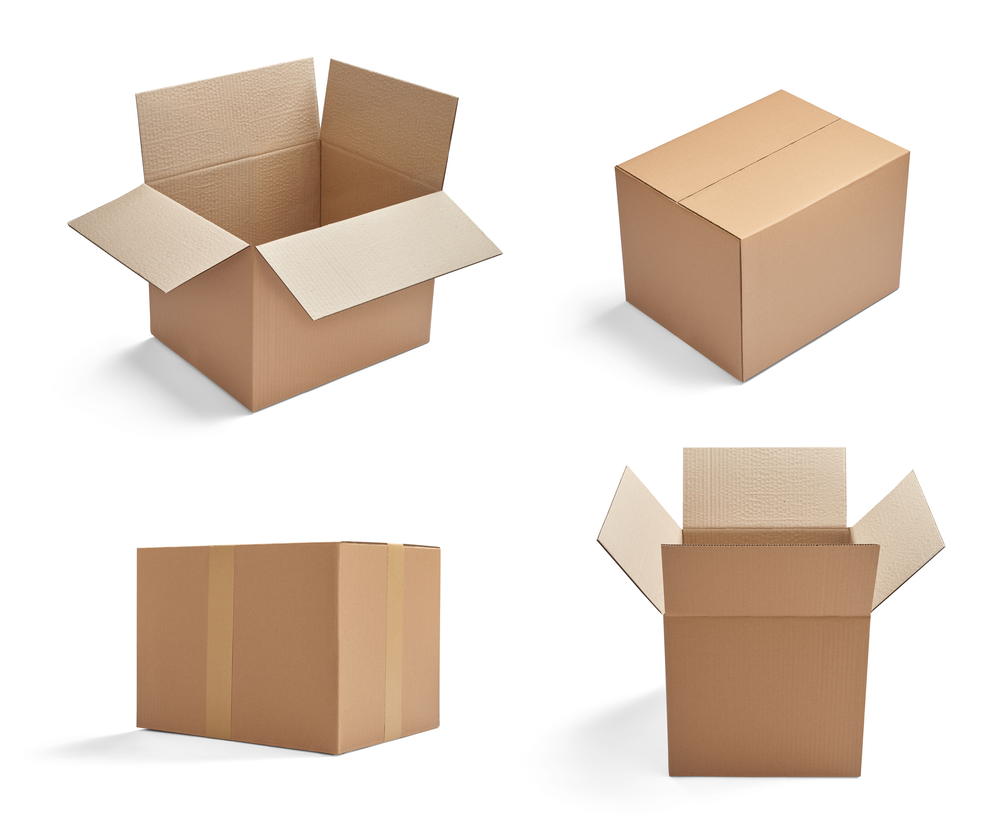 collection of various cardboard boxes on white background